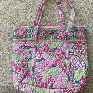 Vera Bradley Vibrant Pink and Green Quilted Tote Bag